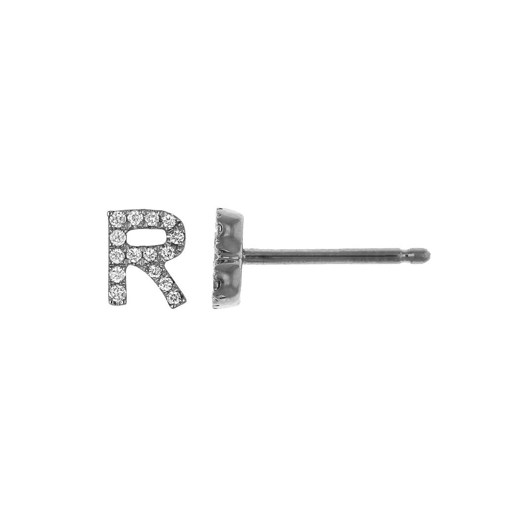 Social Value 14K Solid White Gold Natural Diamond Initial 'R' Letter Mix & Match SINGLE Stud Earring (Half Pair)