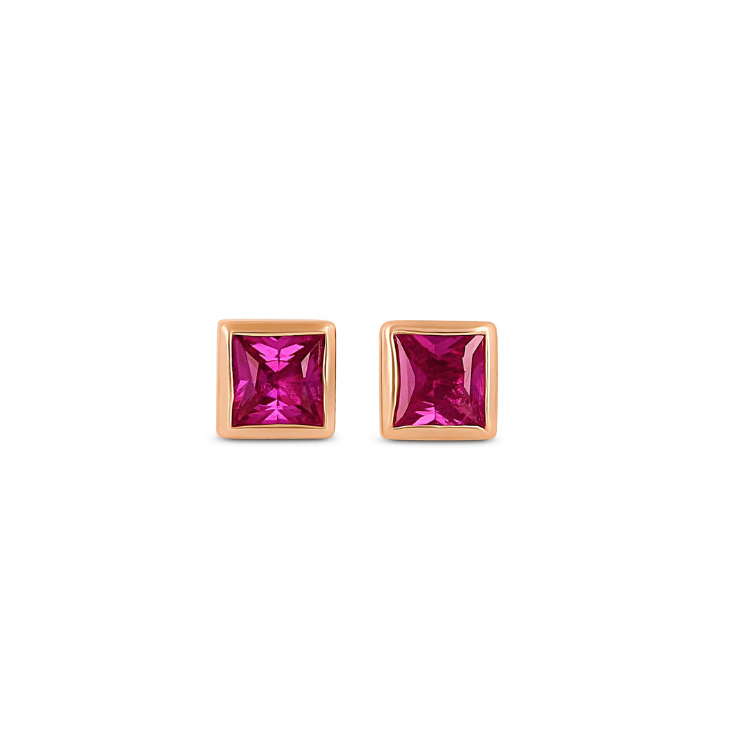 Single (Half Pair) 14k Solid Gold Natural Dark Pink or Blue Sapphire Princess Cut Small Square Bezel Set Earring Studs