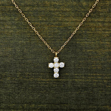 Load image into Gallery viewer, 18k Solid Gold Natural Diamond Small Cross Pendant w/ Adjustable Drawstring Chain | Religious Jewelry | Minimalist Cross For Woman or Child

