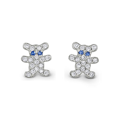Single (Half Pair) 18k Gold + Genuine Diamond and Sapphire Micro-Pave Teddy Bear Stud Earrings for Girls or Women Baby Shower New Mom Gift