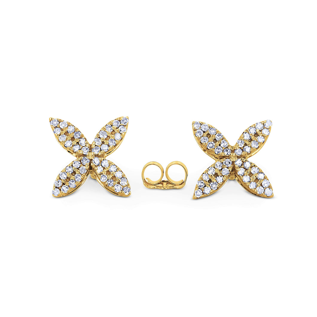 Pair of 14k Gold and Genuine Diamond Flower Petal Earrings for Women High Quality