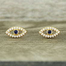 Load image into Gallery viewer, Single (Half Pair) 14k Solid Gold Natural Diamond and Sapphire Evil Eye Stud Earrings w/ High Quality Stones in White, Yellow or Rose Gold
