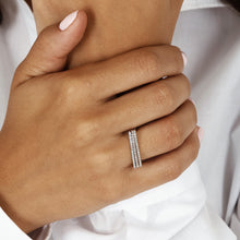 Load image into Gallery viewer, 14k Solid Gold Natural Diamond Microset Thin Bar Ring | Minimalist Diamond Stack Band | Thin Diamond Line Band | Tri-Color Stack Bands
