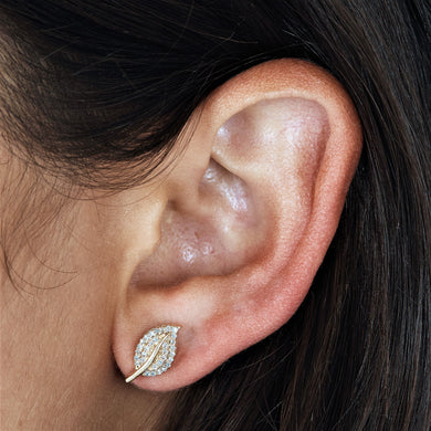 Single (Half Pair) 14k Gold Genuine Diamond Pave Leaf Petal Earrings