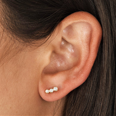 Single (Half Pair) 14k Gold Genuine Diamond Trio Bezel Set Small Bubble Ear Climber Crawler Stud Earring for Women in White Yellow Rose Gold