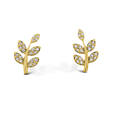 Single (Half Pair) 14k Gold Genuine Natural Diamond Leaves on Branch Earring Studs for Women in White, Yellow or Rose Gold
