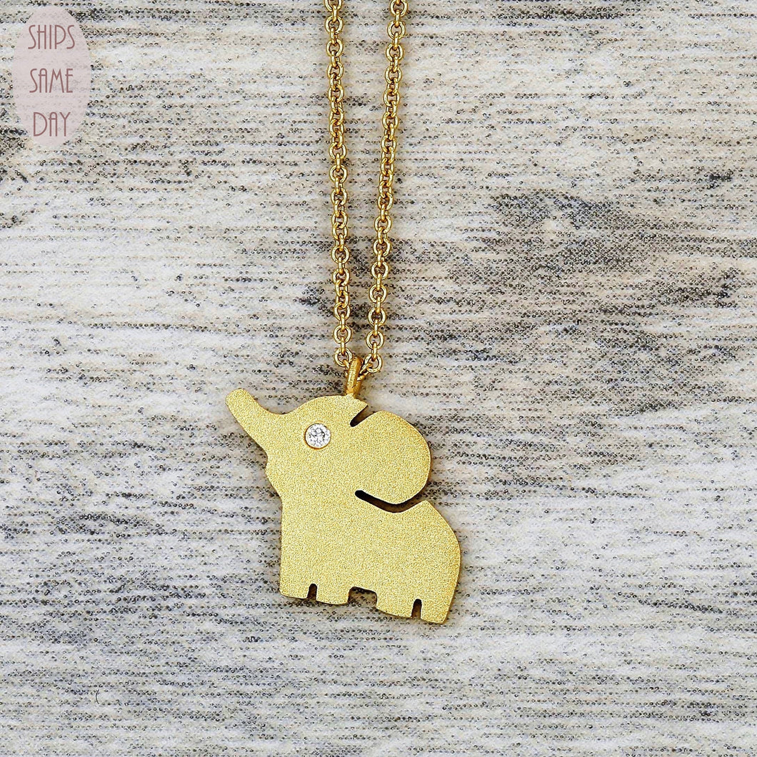 18K Gold & Diamond Elephant Pendant Necklace | Dainty Golden Elephant Charm Adjustable Chain Necklace | Animal Jewelry For Women + Girls