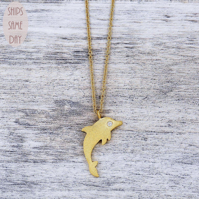 18K Yellow Gold & Diamond Dolphin Pendant Necklace | Small Dolphin Charm With Adjustable Chain Necklace | Animal Jewelry For Women + Girls