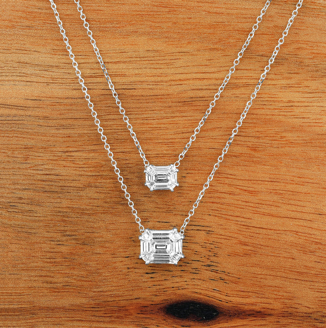 18k White Gold Very High Quality VVS F Genuine Diamond Solitaire Emerald Cut Dainty Delicate Minimalist Choker Pendant Necklace on Chain