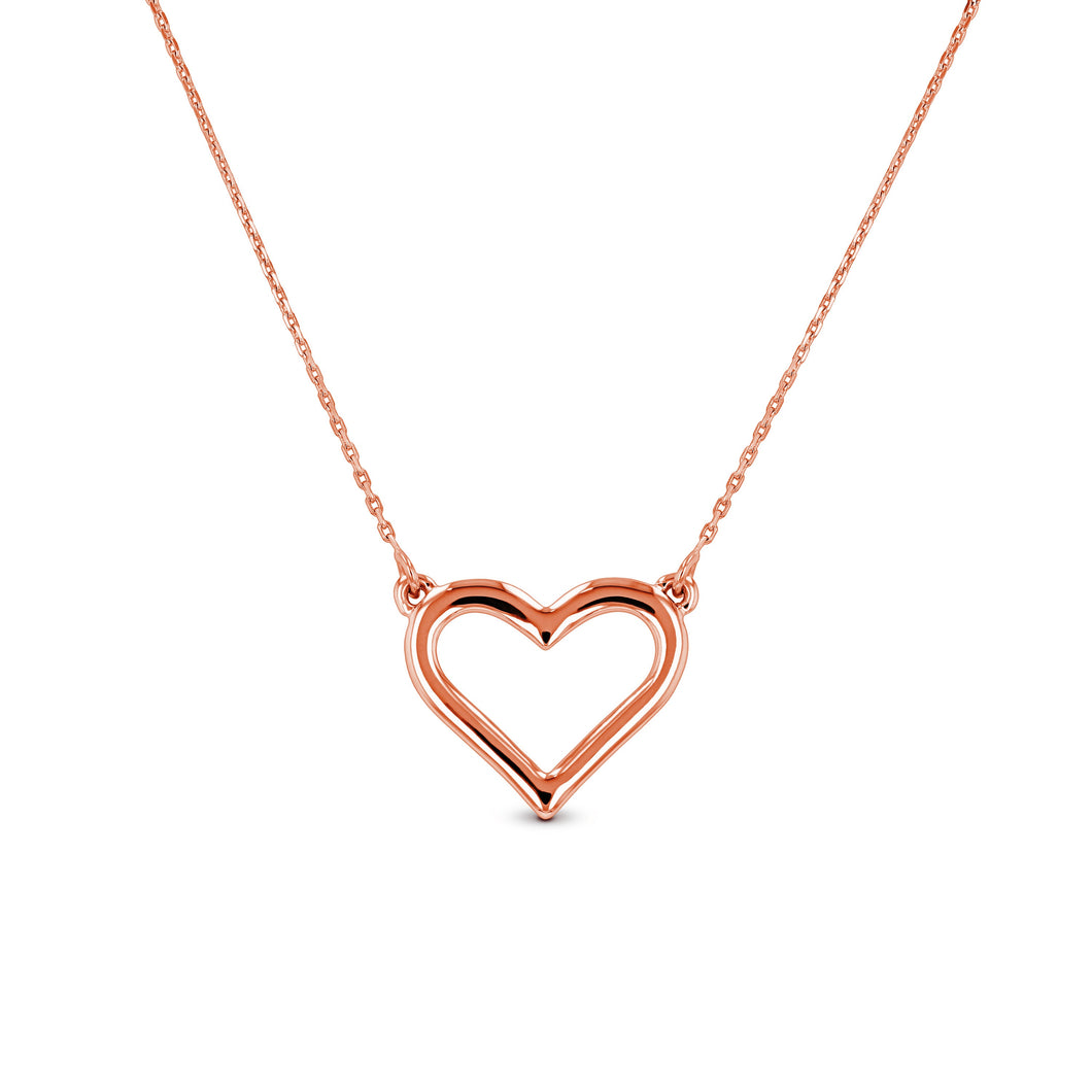 14k Solid Gold Plain Open Heart Necklace Pendant with Adjustable Length Chain in White Yellow or Rose Gold for Women or Girls