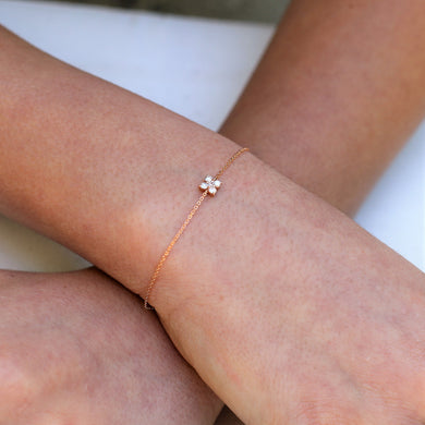 18k Gold and Genuine Diamond 5 Stone Flower Cluster Stackable Layering Chain Bracelet w/ Adjustable Drawstring Chain in White Yellow or Rose