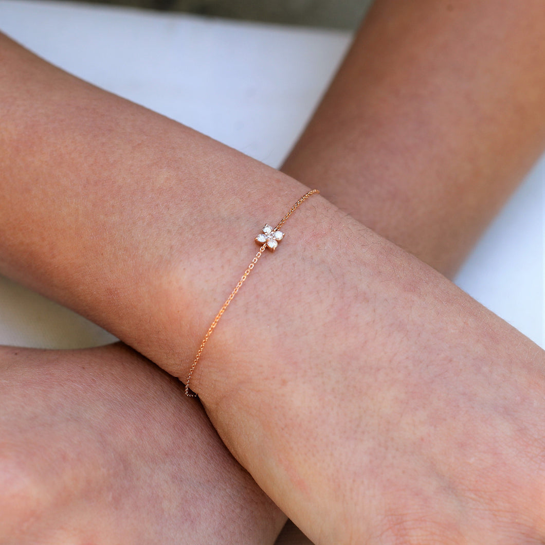 18k Gold and Genuine Diamond 5 Stone Flower Cluster Stackable Layering Chain Bracelet w/ Adjustable Drawstring Chain in White Yellow or Rose