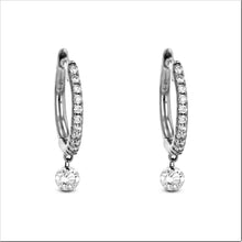 Load image into Gallery viewer, Pair of 18k Rose Gold and Genuine Diamond Round Huggy Hoop Earrings with Dangling Floating Diamonds High Quality 1/2&quot; Diameter
