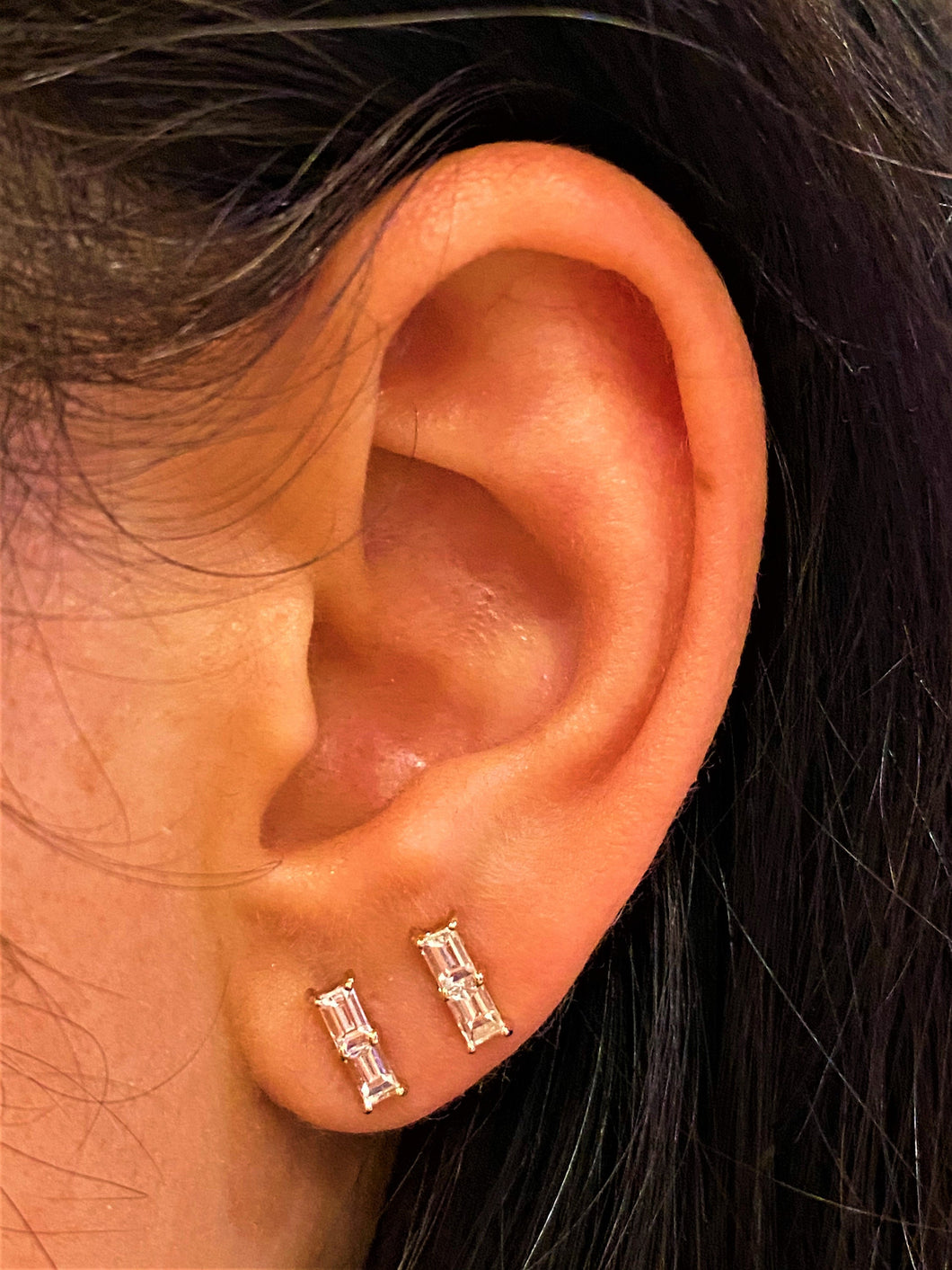 Single (Half Pair) 18k Gold Genuine Diamond Double Baguette Bar Earring Stud Small Minimalist Climber Crawler White Yellow Rose Gold