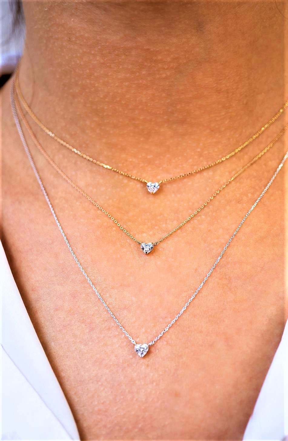 18K Gold Genuine Small Heart Shaped Diamond Minimalist Layering Stacking Solitaire Necklace w/ Adjustable Drawstring Chain for Women