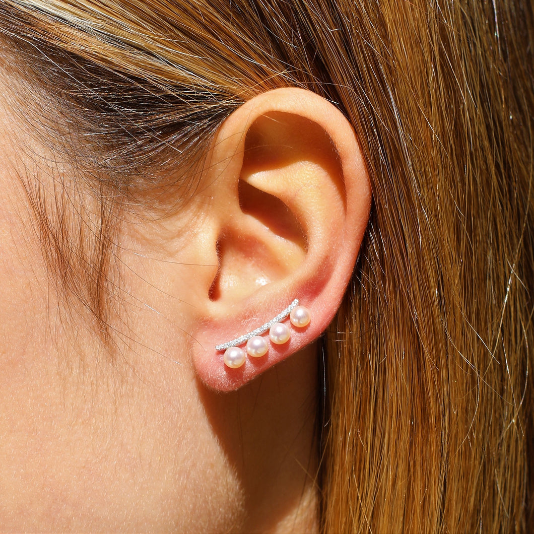 Single (Half Pair) 14k Gold Genuine Diamond + Cultured Pearl Ear Climber High Quality Earring for Women in White Yellow or Rose Gold