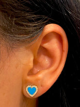 Load image into Gallery viewer, Pair of 14k Gold Genuine Diamond Turquoise Black Onyx White Agate Heart Shaped Stud Earrings for Women or Girls White Yellow Rose
