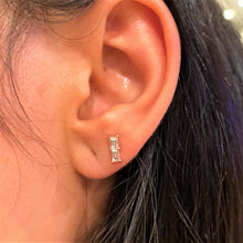 Load image into Gallery viewer, Single (Half Pair) 18k Gold Genuine Diamond Double Baguette Bar Earring Stud Small Minimalist Climber Crawler White Yellow Rose Gold
