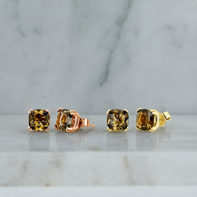 14k Gold Smokey Topaz Quartz Cushion Cut Stud Earring Pair for Women