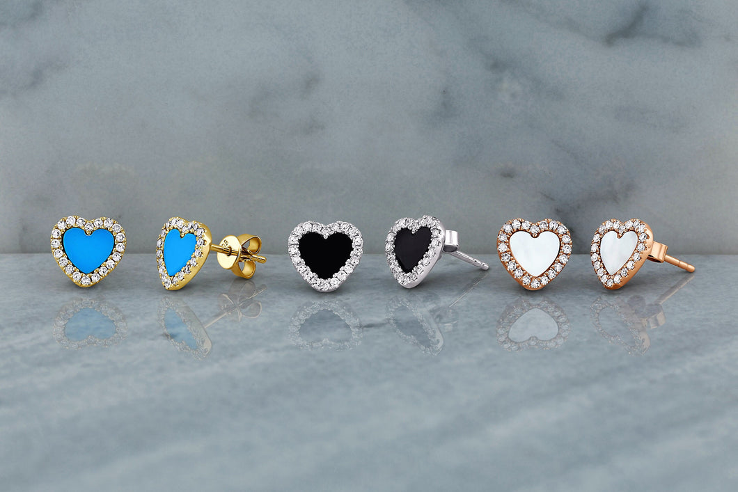 Pair of 14k Gold Genuine Diamond Turquoise Black Onyx White Agate Heart Shaped Stud Earrings for Women or Girls White Yellow Rose