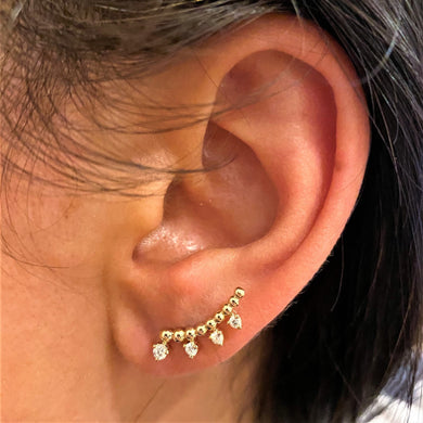 Single (Half Pair) 14k Gold Genuine Diamond Curved Crescent Beaded Bar Ear Climber Crawler Earrings High Quality 2/3