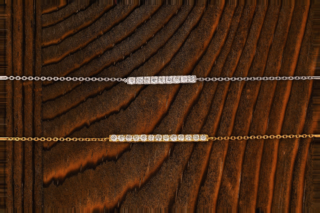 18k Gold Genuine Diamond Line Bar Minimalist Dainty Thin Chain Bracelet w/ Adjustable Length Drawstring Chain for Women White Yellow Rose