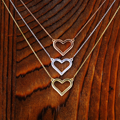 14k Solid Gold Plain Open Heart Necklace Pendant with Adjustable Length Chain in White Yellow or Rose Gold for Women or Girls