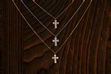 Load image into Gallery viewer, 18k Solid Gold Natural Diamond Small Cross Pendant w/ Adjustable Drawstring Chain | Religious Jewelry | Minimalist Cross For Woman or Child
