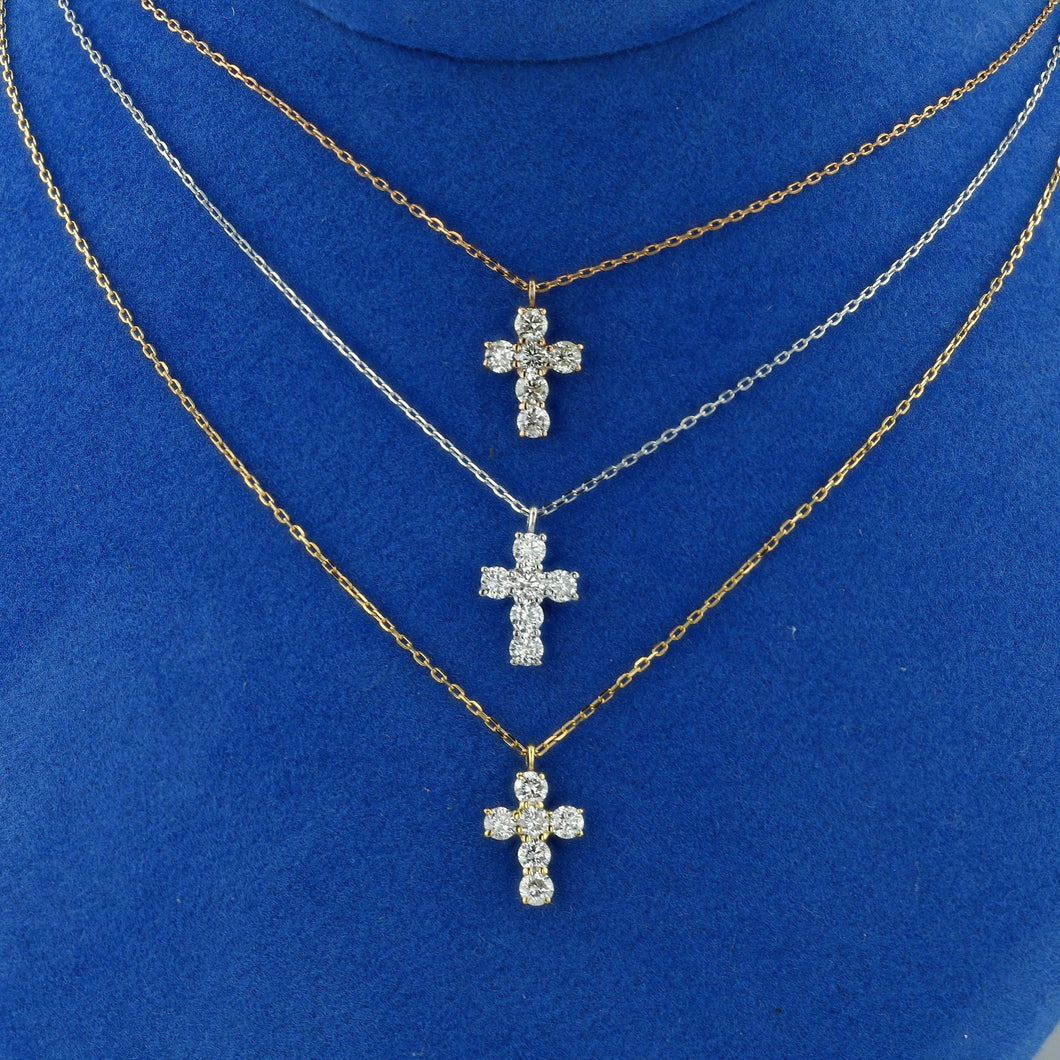 18k Solid Gold Natural Diamond Small Cross Pendant w/ Adjustable Drawstring Chain | Religious Jewelry | Minimalist Cross For Woman or Child