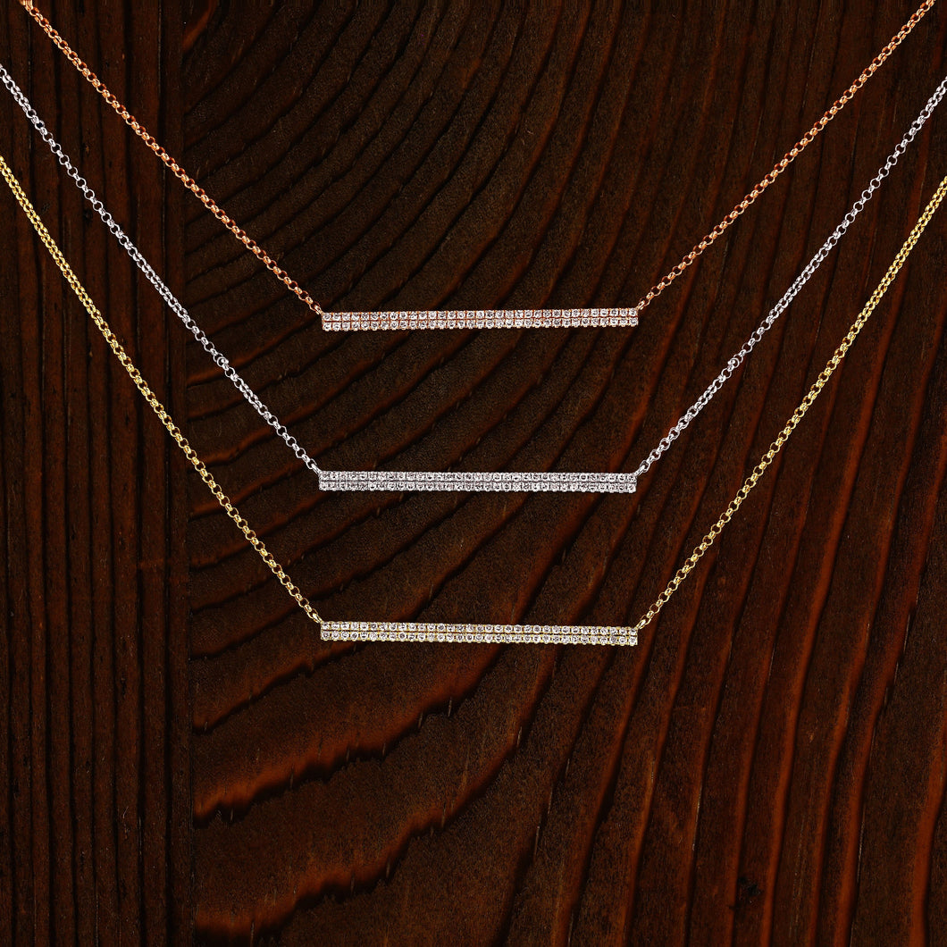 14k Solid Gold and Genuine Diamond Micro-Pave Bar Trapeze Necklace for Women with Adjustable Length Chain 16