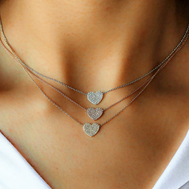 14k Gold Genuine Diamond Flat Pave Dainty Classic Minimalist Layering Heart Pendant Necklace for Women or Girls White Yellow or Rose Gold