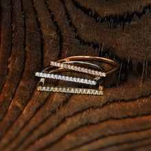 Load image into Gallery viewer, 14k Solid Gold Natural Diamond Microset Thin Bar Ring | Minimalist Diamond Stack Band | Thin Diamond Line Band | Tri-Color Stack Bands
