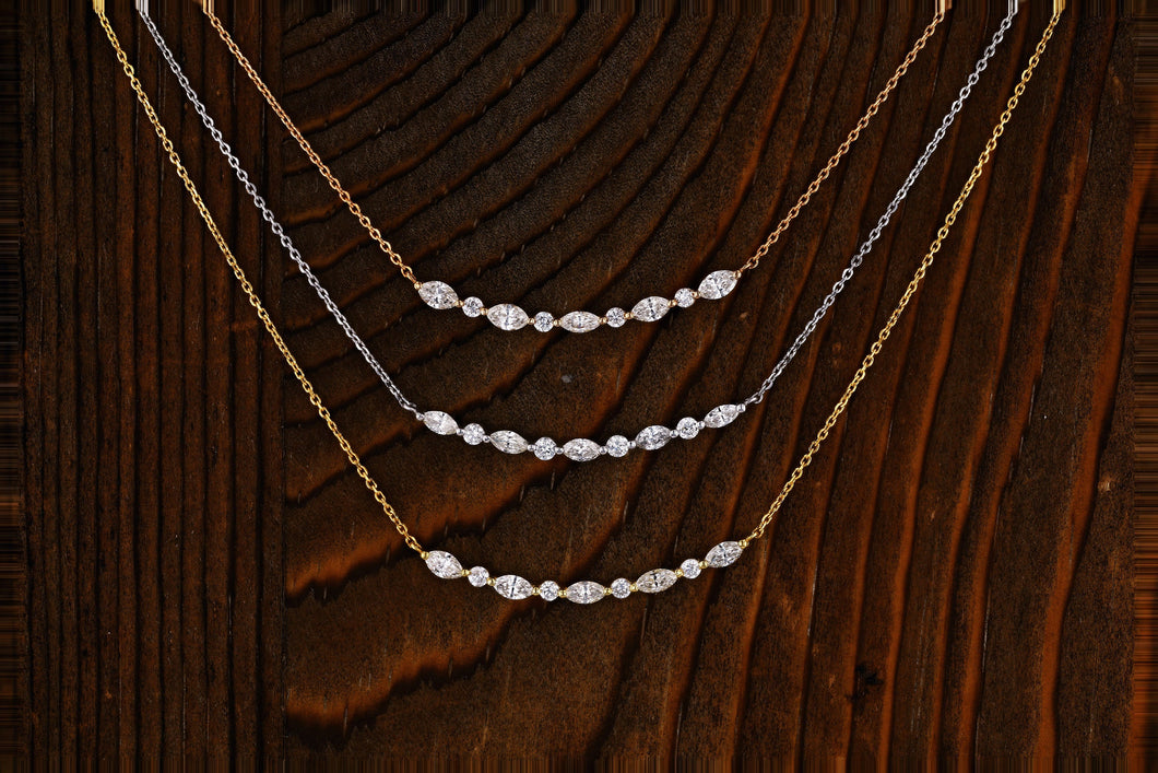 18k Solid Gold Genuine Natural Diamond Curved Bar Crescent Necklace For Women Adjustable Drawstring Chain