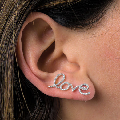 Single (Half Pair) 14k and Genuine Diamond LOVE Ear Crawler Climber Earrings Microset in White, Yellow or Rose Gold for Women