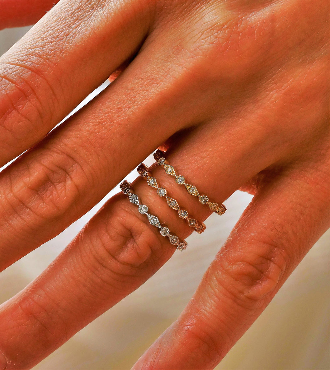 14k Solid Gold Genuine Natural Diamond Art Deco Eternity Minimalist Stack Ring Wedding Band White Yellow Rose Gold for Women