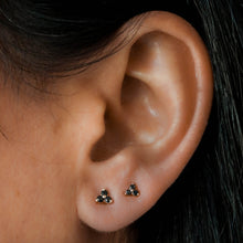 Load image into Gallery viewer, Single (Half Pair) 14k Gold Genuine Black Diamond 3 Stone Trio Triangle Cluster Stud Earrings in White Yellow Rose Gold
