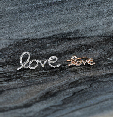 Single (Half Pair) 14k and Genuine Diamond LOVE Ear Crawler Climber Earrings Microset in White, Yellow or Rose Gold for Women