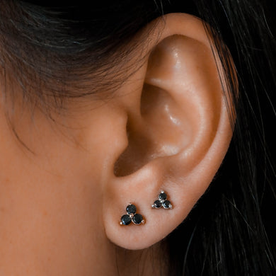 Single (Half Pair) 14k Gold Genuine Black Diamond 3 Stone Trio Triangle Cluster Stud Earrings in White Yellow Rose Gold