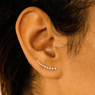 Single (Half Pair) 14k Solid Gold Genuine Natural Diamond Curved Crescent Bar Ear Climber Crawler Earring High Quality 3/4