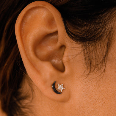 Single (Half Pair) 14k Gold Genuine Black and White Diamond Moon and Star Earring for Women 14k Yellow Rose and White Gold
