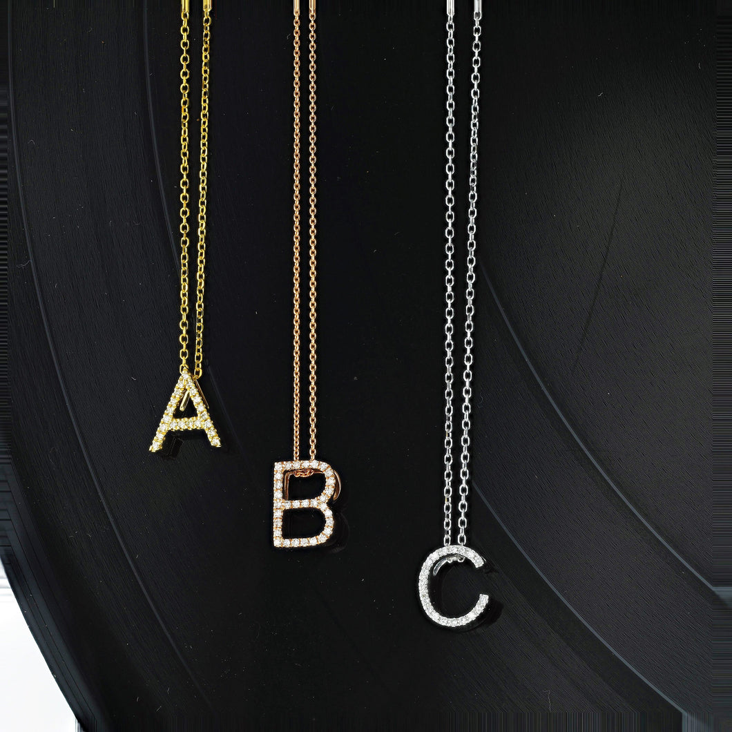 14k Solid Gold Natural Diamond Initial Pendant W/ Chain | Diamond Letter Necklace | Diamond Alphabet Monogram Jewelry