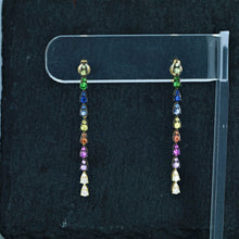 Load image into Gallery viewer, Solid 14k Gold Genuine Natural Diamond Rainbow Sapphire Linear Multicolor Teardrop Pear Shape Hanging Drop Earrings for Women 1 3/4&quot; Length

