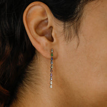 Load image into Gallery viewer, Solid 14k Gold Genuine Natural Diamond Rainbow Sapphire Linear Multicolor Teardrop Pear Shape Hanging Drop Earrings for Women 1 3/4&quot; Length
