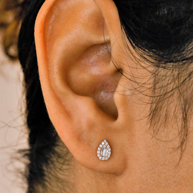 14k Solid Gold Genuine Natural Diamond Baguette and Round Teardrop Pear Shaped Stud Earrings for Women Girls White Yellow Rose