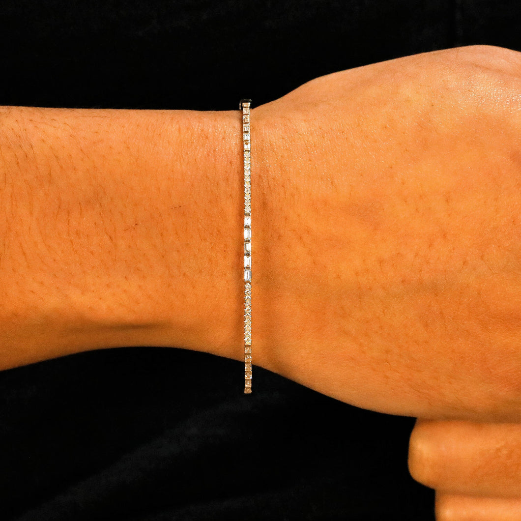 Solid 14k Gold Genuine Natural Diamond Thin Baguette and Round Bangle Bracelet for Women White Yellow Rose Gold