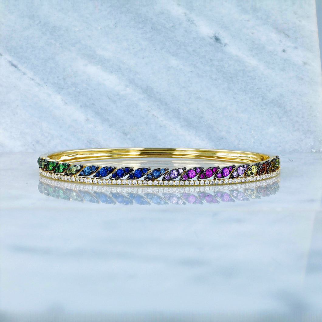 14k Solid Gold Genuine Natural Diamond and Rainbow Sapphire Bangle for Women White Yellow Rose Gold