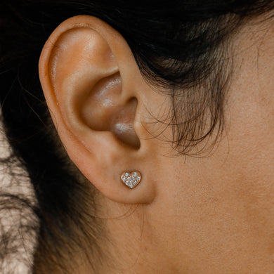 14k Rose Gold Natural Diamond Micropave Heart Stud, HALF PAIR for Women or Girls in White Yellow Rose Gold