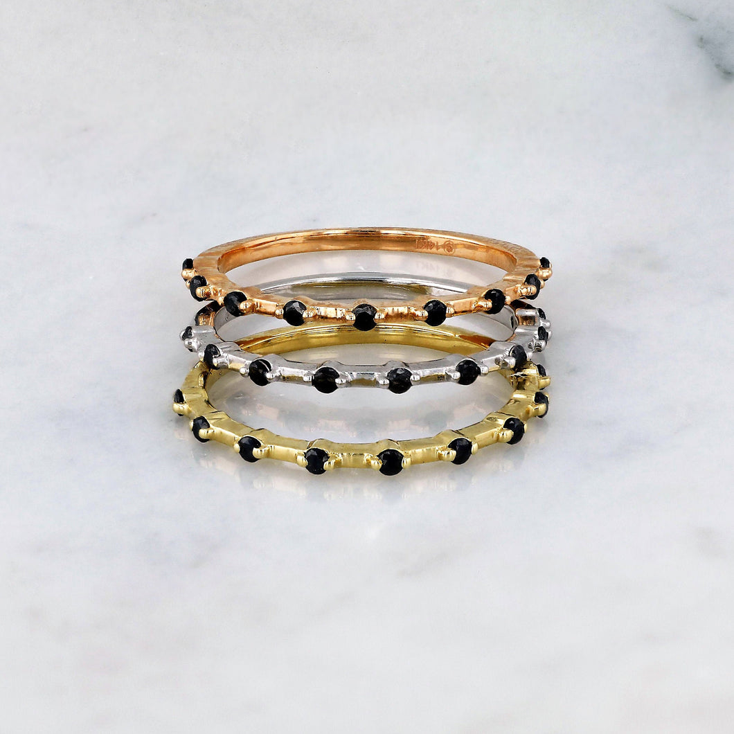 14k Gold Genuine Diamond Thin Distance Promise Stack Ring Band w/ 9 High Quality Black Diamonds in White Yellow Rose Gold for Women or Girls