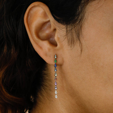 Solid 14k Gold Genuine Natural Diamond Rainbow Sapphire Linear Multicolor Teardrop Pear Shape Hanging Drop Earrings for Women 1 3/4