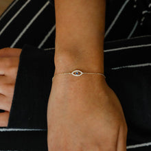 Load image into Gallery viewer, 14k Solid Gold Diamond with Bezel Set Sapphire Ruby Emerald or Turquoise Bezel Set Evil Eye Adjustable Bracelet
